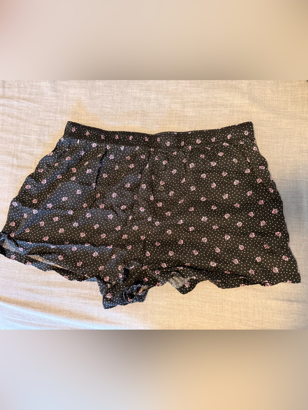 PINK Victoria's Secret Black Shorts with Pink Rose & Polka Dot Print